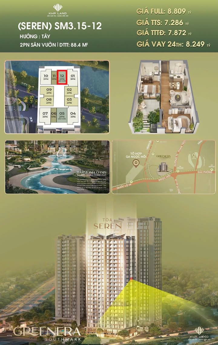 Căn hộ sân vườn 2PN tại Greenera Southmark, Thanh Trì - Giá 8.809 tỷ - Không gian sống lý tưởng!