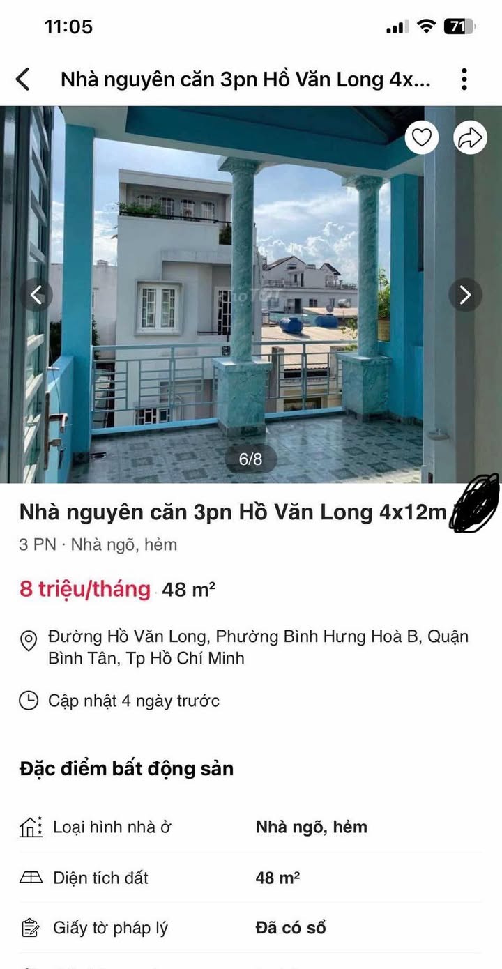 Nhà nguyên căn cho thuê đường Hồ Văn Long, Bình Tân 48m² giá 8 triệu - Thích hợp gia đình ở ngay!