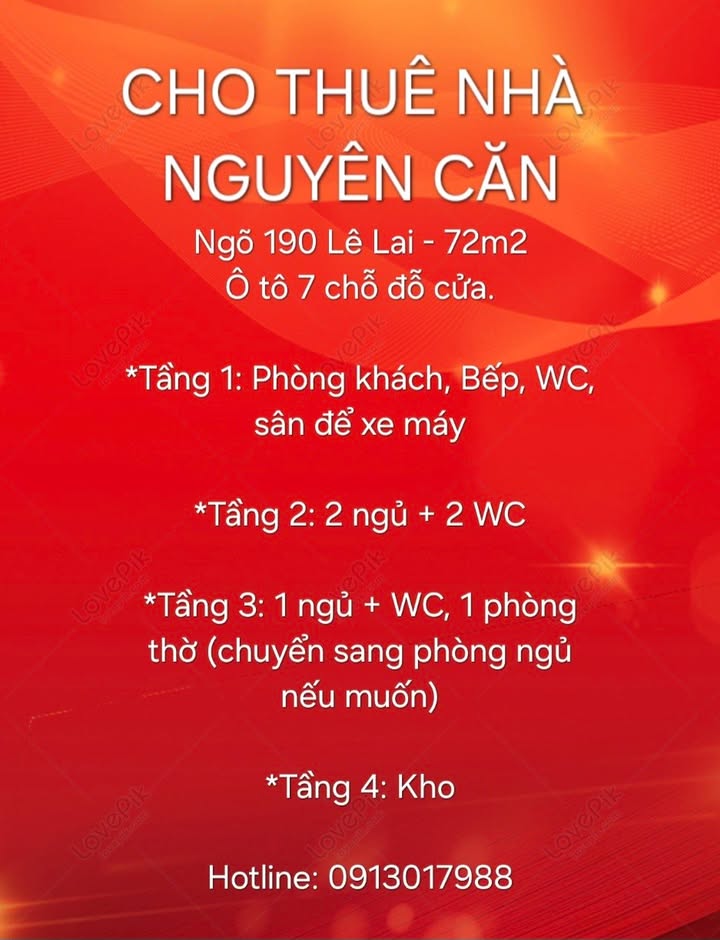 Nhà nguyên căn cho thuê tại Ngõ 190 Lê Lai, 72m² - Ô tô đỗ cửa, giá thỏa thuận!