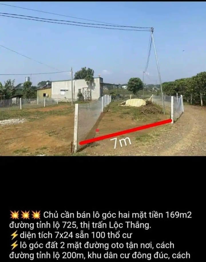 Đất lô góc 169m² đường tỉnh lộ 725, Lộc Thắng, Bảo Lâm - Giá chỉ 650 triệu!
