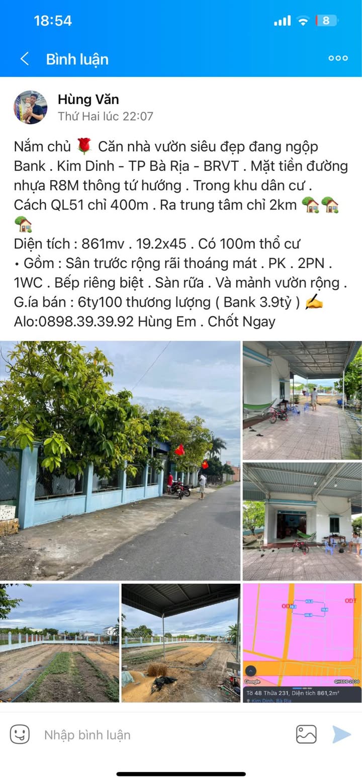 Đất Kim Dinh Bà Rịa 861m² giá 5.8 tỷ - Cơ hội vàng cho nhà đầu tư!