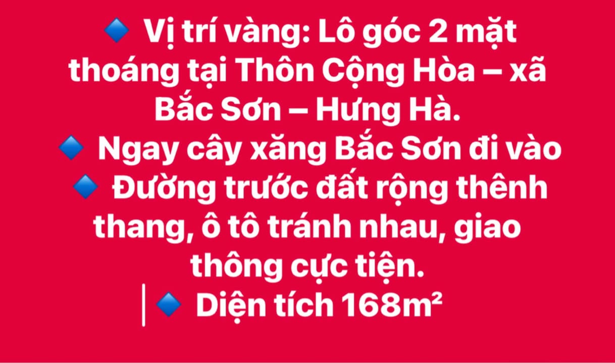 Đất lô góc 168m² tại Thôn Cộng Hòa, Bắc Sơn, Hưng Hà - Giá chỉ nhỉnh 1 tỷ!