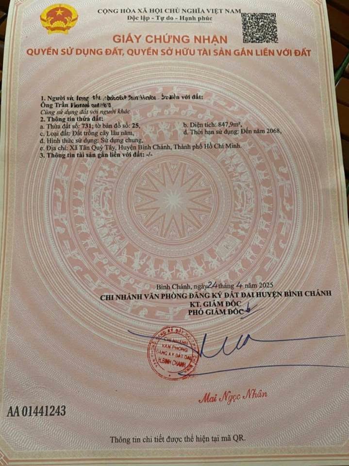 Đất mặt tiền đường 234, xã Tân Quý Tây, 848m² giá 7 tỷ - Cơ hội đầu tư hấp dẫn!