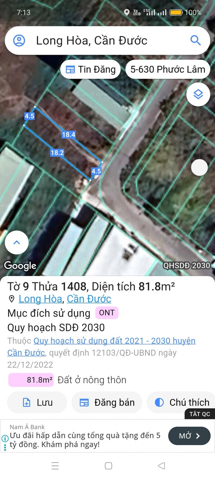 Đất thổ cư Long Hòa, Cần Đước 81m² giá 1.7 tỷ - Đối diện trường học