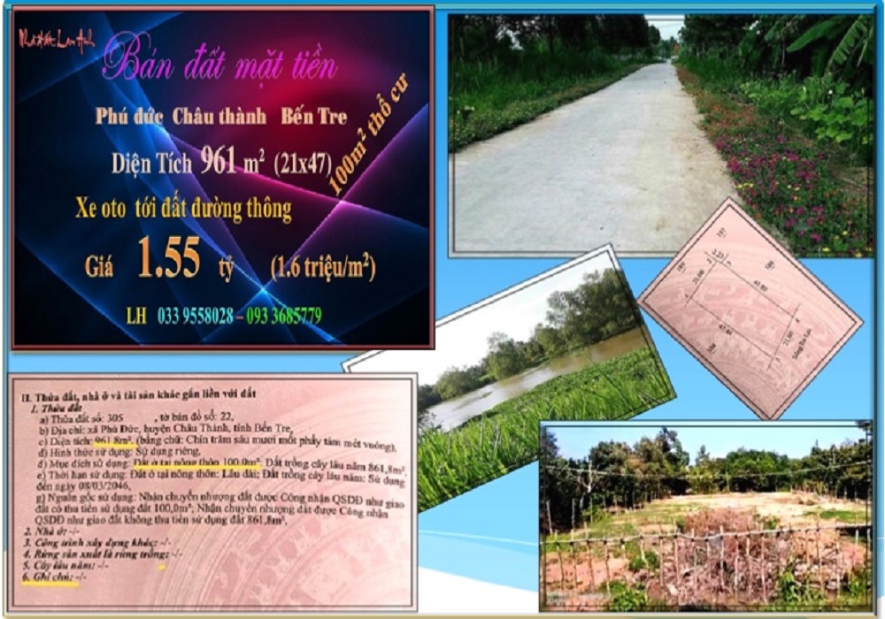 Đất mặt tiền sông Phú Đức, Châu Thành, Bến Tre 961.8m² giá 1.45 tỷ - Cơ hội đầu tư hấp dẫn!