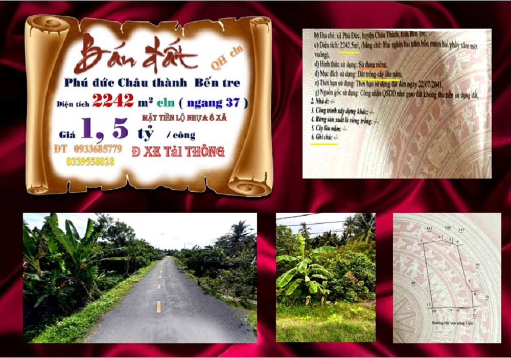 Đất mặt tiền Phú Đức, Châu Thành, Bến Tre 2242m² giá 3.363 tỷ - Cơ hội đầu tư tuyệt vời!