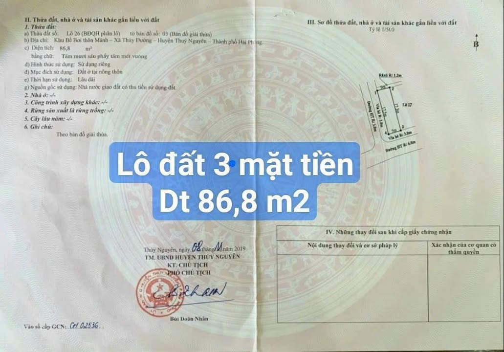 Đất góc 2 mặt đường tại Thủy Đường, Thủy Nguyên 86.8m² - Giá chỉ 4 tỷ!