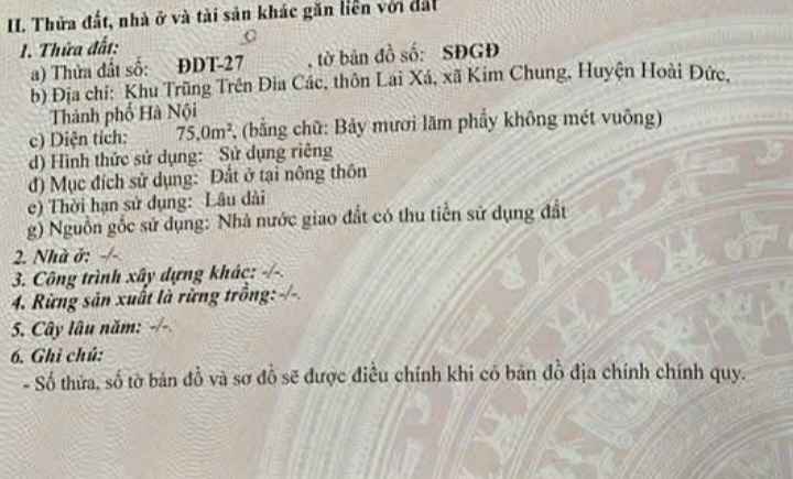 Đất đấu giá Kim Chung Hoài Đức 75m² - Vị trí đẹp, giá đầu tư hấp dẫn!