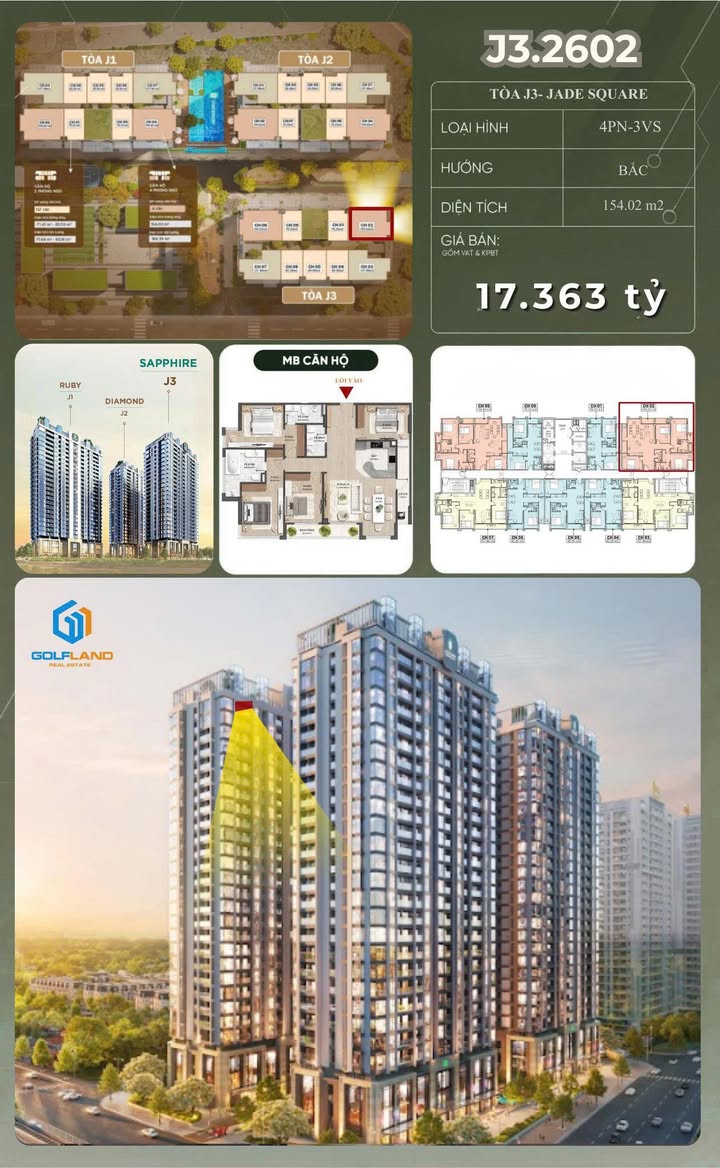 Căn hộ 4PN Jade Square Bắc Từ Liêm 154m² - View thoáng, đón ánh sáng tự nhiên!