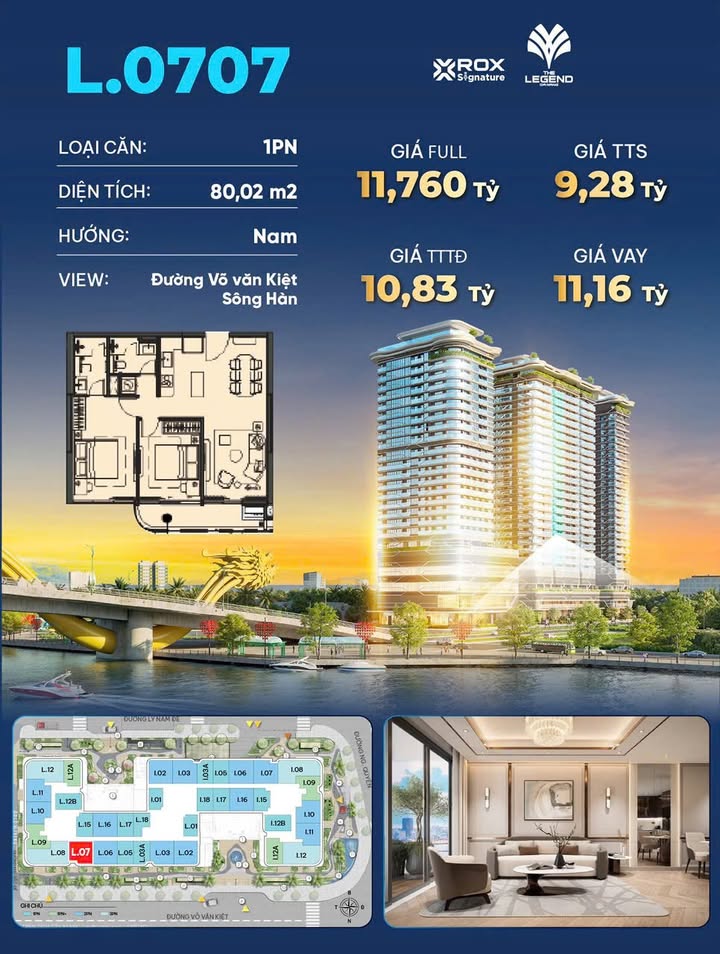 Căn hộ 2 phòng ngủ The Legend Đà Nẵng 80m² giá 9.28 tỷ - View Võ Văn Kiệt & Sông Hàn tuyệt đẹp!