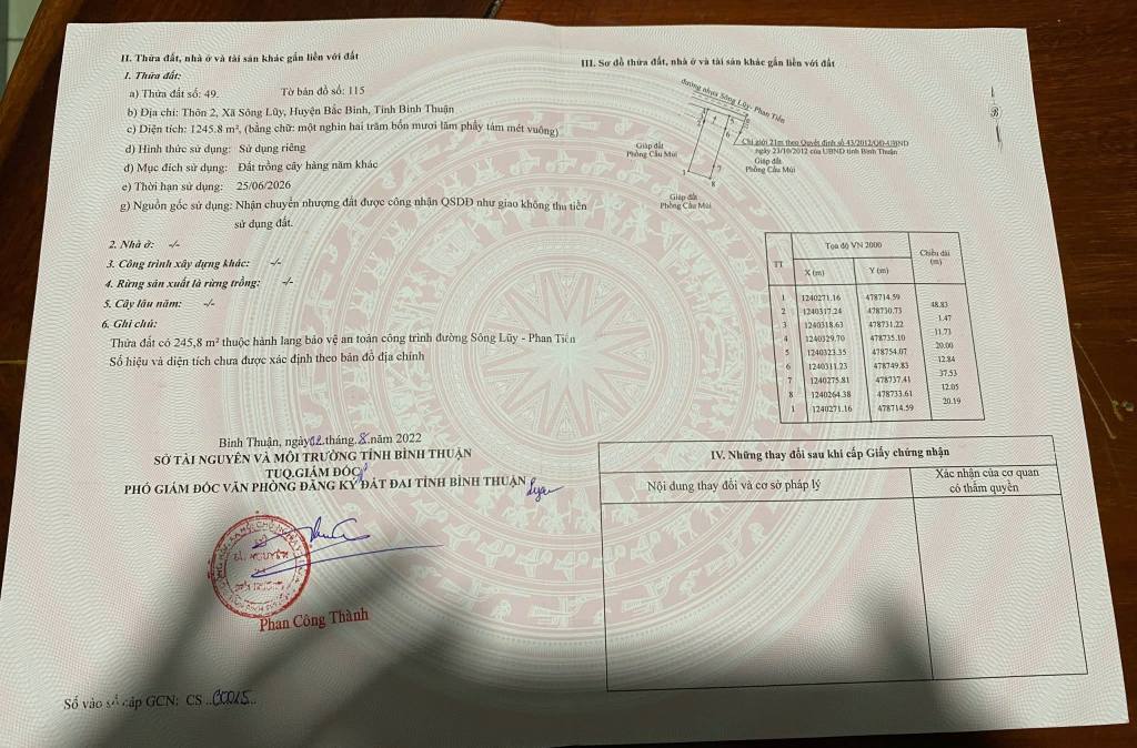 Đất nền Sông Lũy, Bắc Bình 1245.8m², giá chỉ 50 triệu/m ngang - Đầu tư sinh lời!