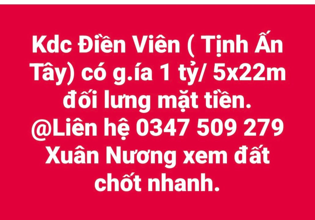 Đất nền KDC Điền Viên Tịnh Ấn Tây 110m² giá 1 tỷ - Cơ hội đầu tư hấp dẫn!
