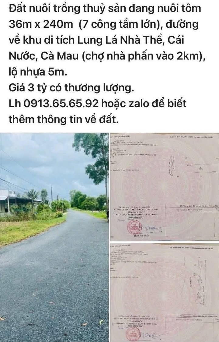 Đất nuôi trồng thủy sản Cái Nước Cà Mau 8640m² - Giá thương lượng 2.95 tỷ!