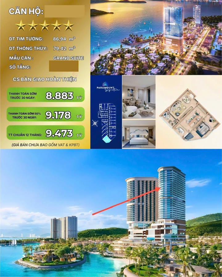 Căn hộ Grand Suite Nha Trang 86m² giá 8,883 tỷ - View trực diện biển tuyệt đẹp!