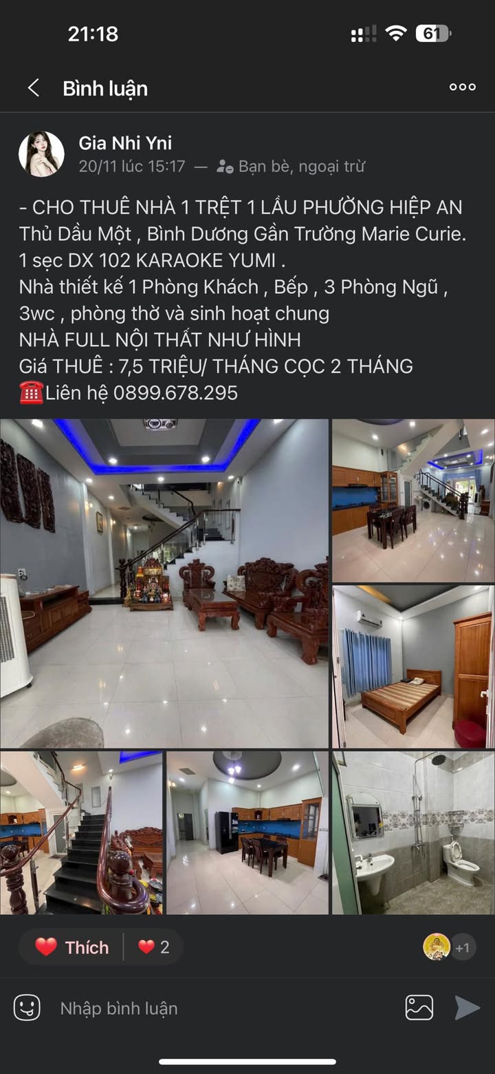 Nhà cho thuê 2 tầng Phường Hiệp An, Thủ Dầu Một, 3 phòng ngủ - Full nội thất chỉ 7.5 triệu!