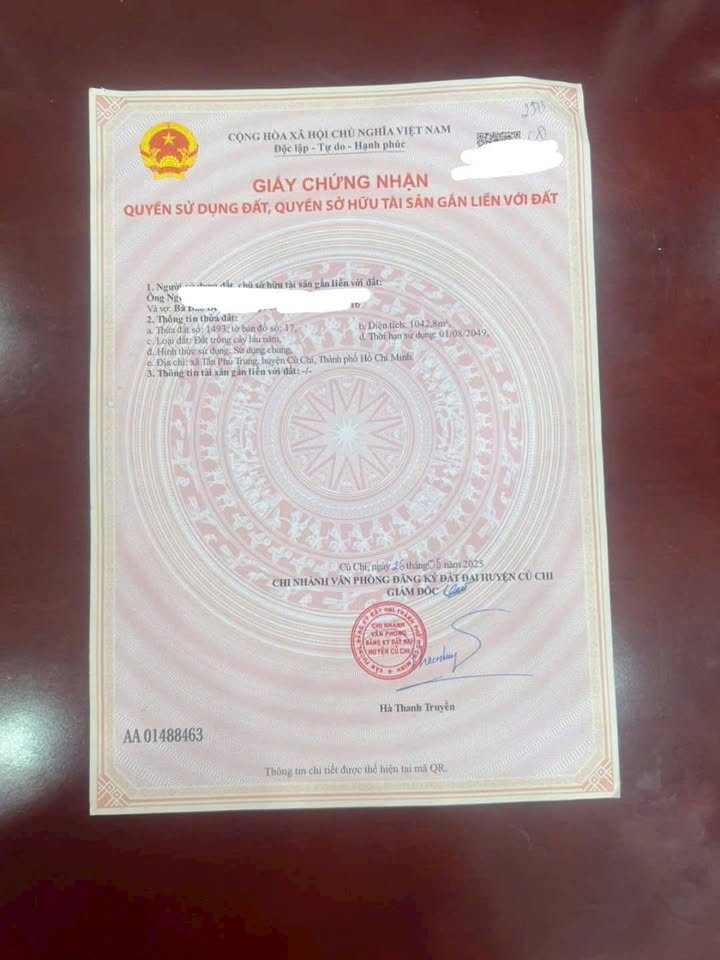 Đất nền Tân Phú Trung Củ Chi 1043m² giá 8 tỷ - Sổ đỏ chính chủ, thích hợp xây biệt thự!