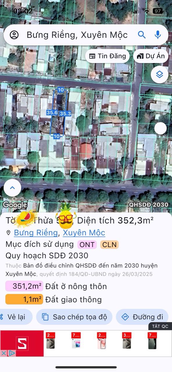 Đất nền Bưng Riềng, Xuyên Mộc 350m² giá 2 tỷ - Đường thông ô bàn cờ!