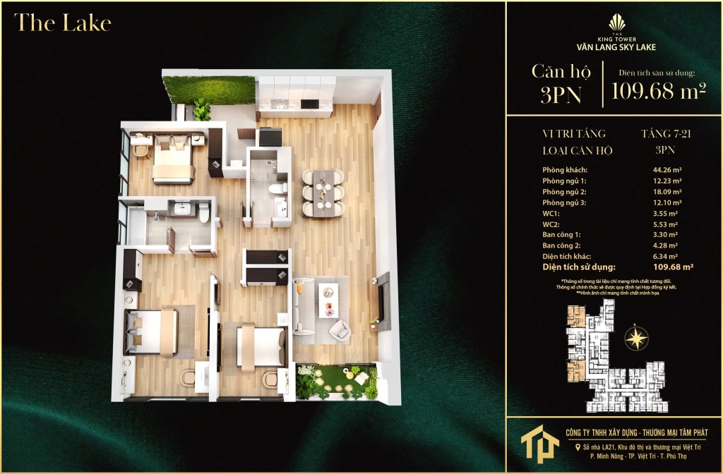 Căn hộ 3PN Văn Lang Sky Lake 109,68m² giá 5,39 tỷ - View sông Hồng đẳng cấp!