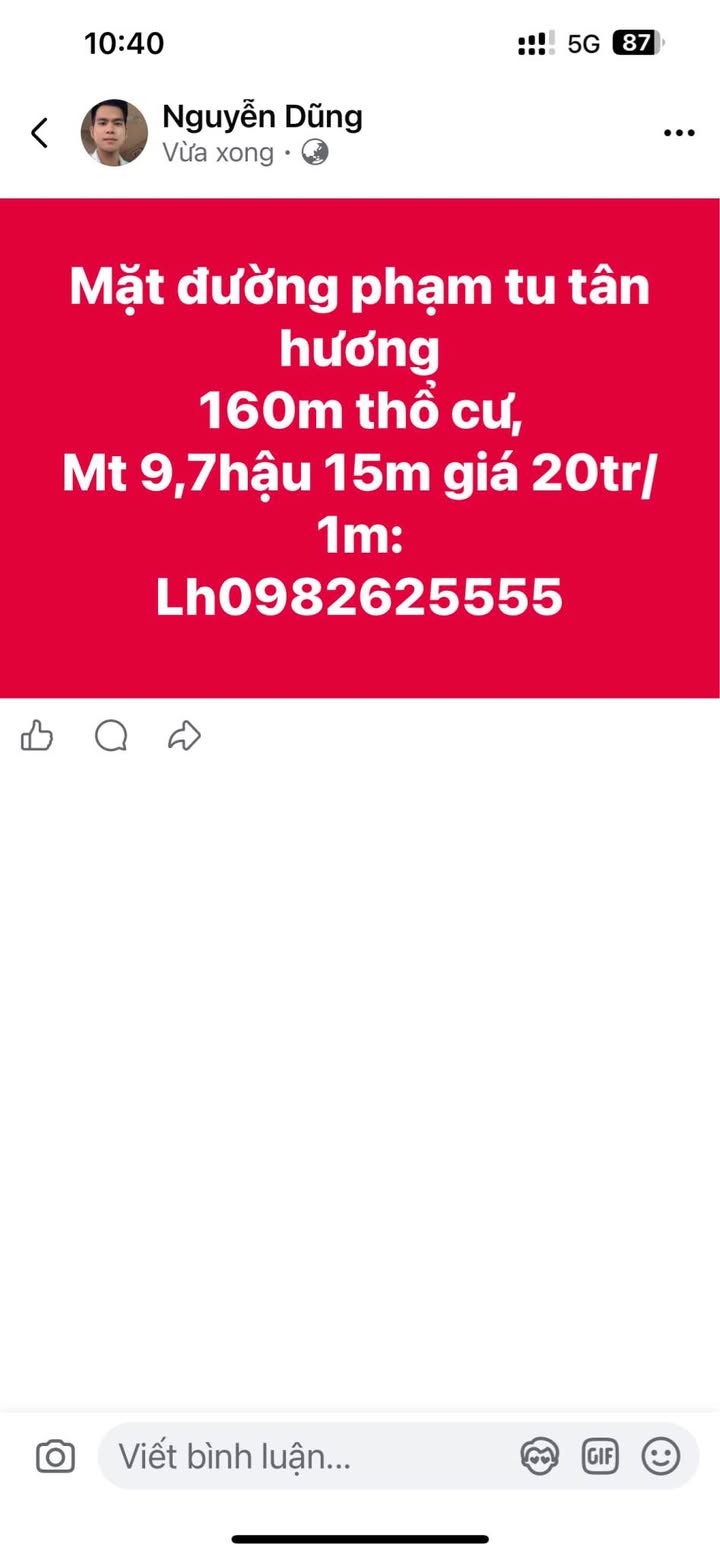 Đất thổ cư đường Phạm Tu, Tân Hương, Phổ Yên, 160m² giá 3.2 tỷ - Cơ hội đầu tư tuyệt vời!