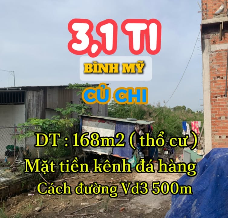 Đất mặt tiền kênh Đá Hàng, Bình Mỹ, Củ Chi 168m² giá 3.1 tỷ - Đầu tư sinh lời ngay!