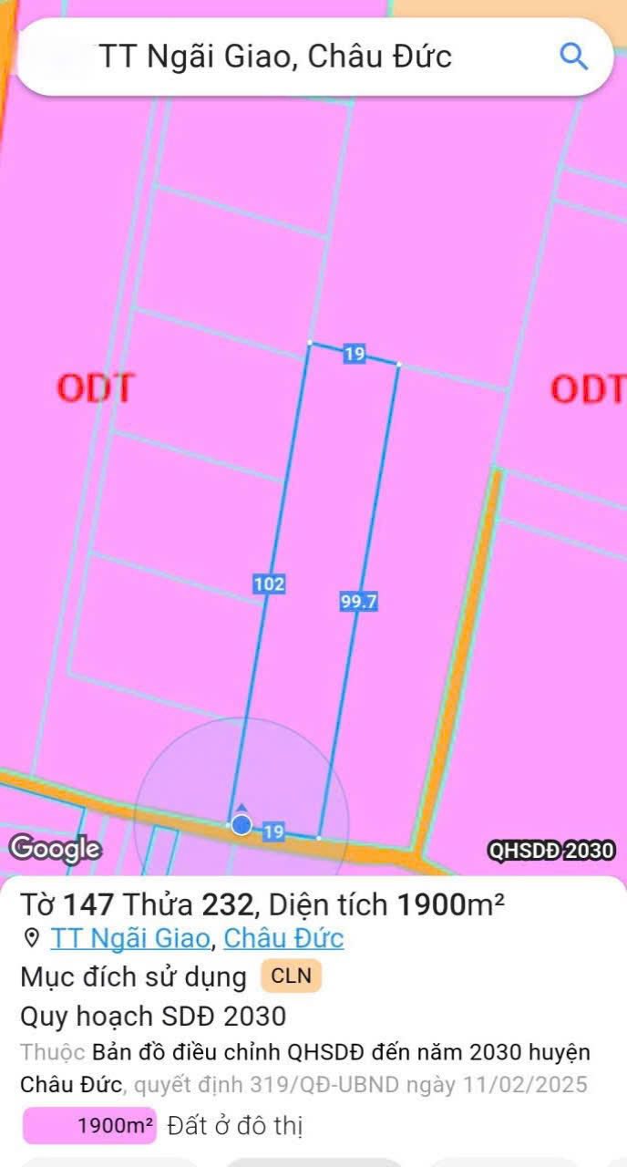 Đất nền mặt tiền Ngãi Giao, Châu Đức 1900m² giá 2.5 tỷ - Cơ hội đầu tư hiếm có!