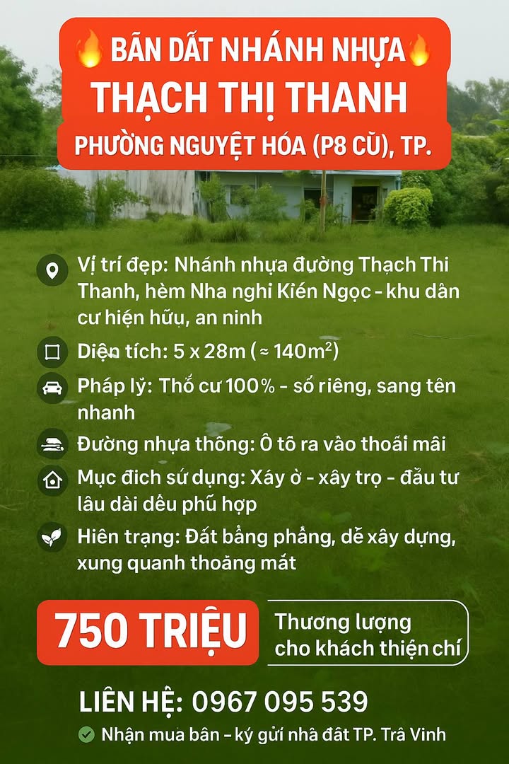 Đất thổ cư 140m² tại Nhánh Nhựa Thạch Thị Thanh - Giá chỉ 750 triệu, thương lượng dễ dàng!