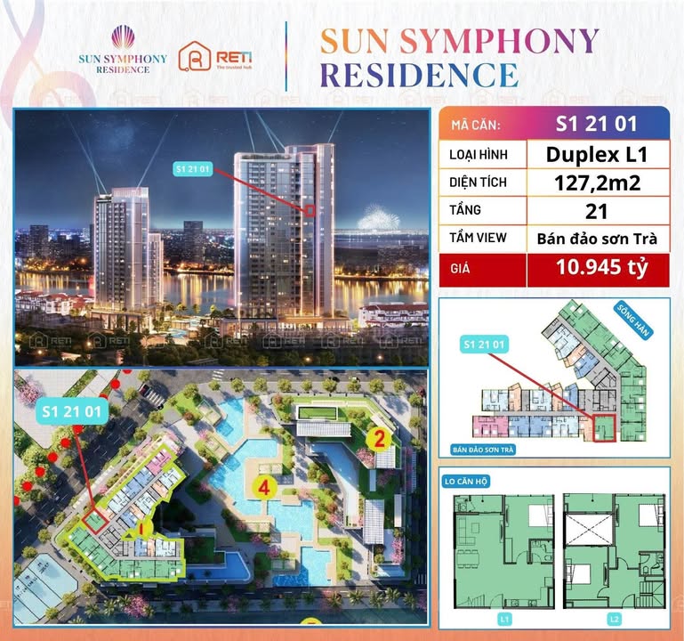 Căn hộ Duplex S1 - 21 - 01 tại Sun Symphony Residence 127.2m² giá 9.2 tỷ - View Sông Hàn tuyệt đẹp!