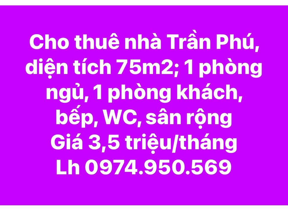 Nhà cho thuê đường Trần Phú, Quảng Ngãi 75m² - Giá 3.5 triệu/tháng, sân rộng thoáng đãng!