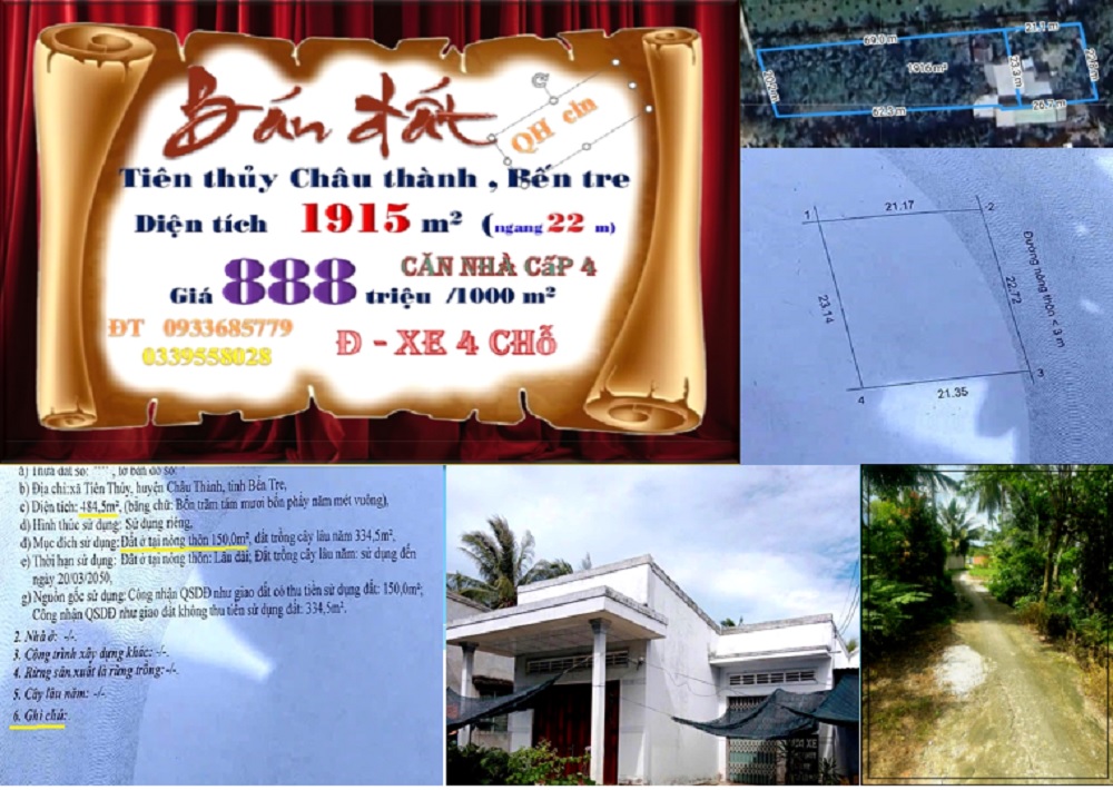 Đất Tiên Thủy Châu Thành Bến Tre 1915m² giá 1.6 tỷ - Cơ hội đầu tư tuyệt vời!