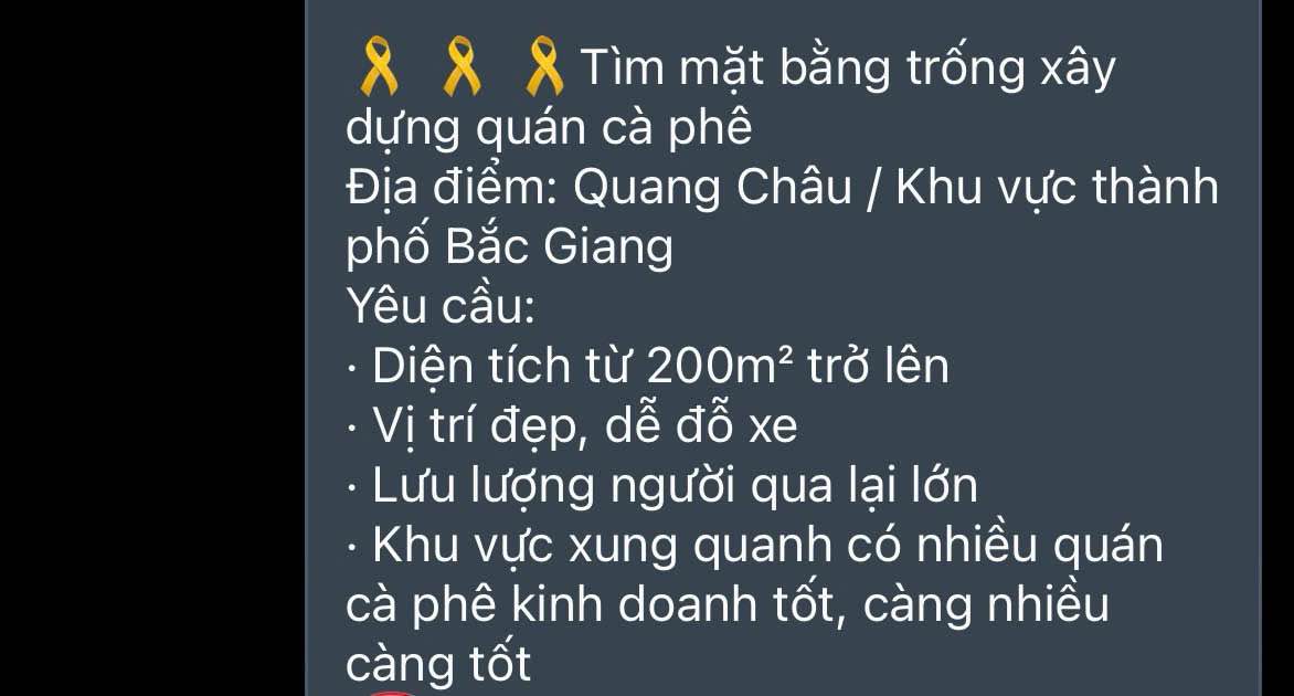 Cho thuê mặt bằng quán cà phê tại Quang Châu, Bắc Giang - Diện tích 200m², vị trí đắc địa!