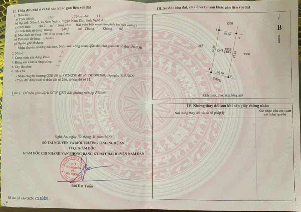 Đất thổ cư xóm 2 Nam Nghĩa 248m² giá 1 tỷ - Đầu tư sinh lời ngay!