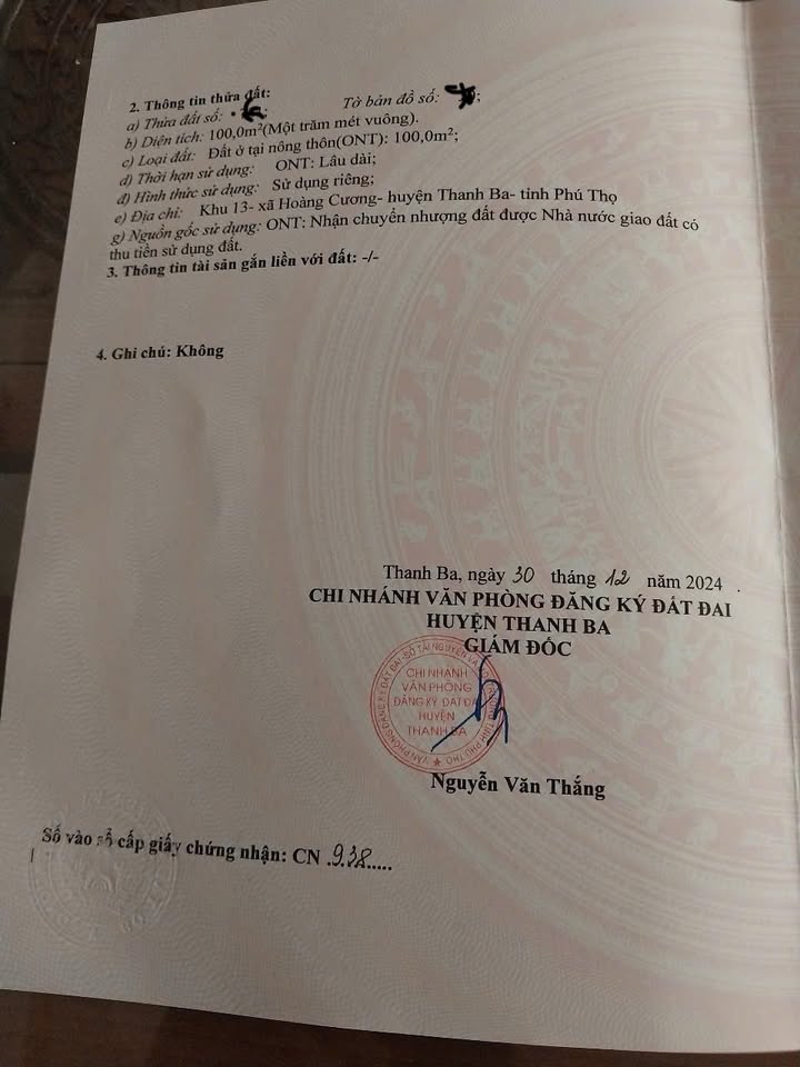 Lô đất Hoàng Cương, Thanh Ba 100m² giá 1.5 tỷ - Sổ đỏ chính chủ, cơ hội đầu tư hấp dẫn!
