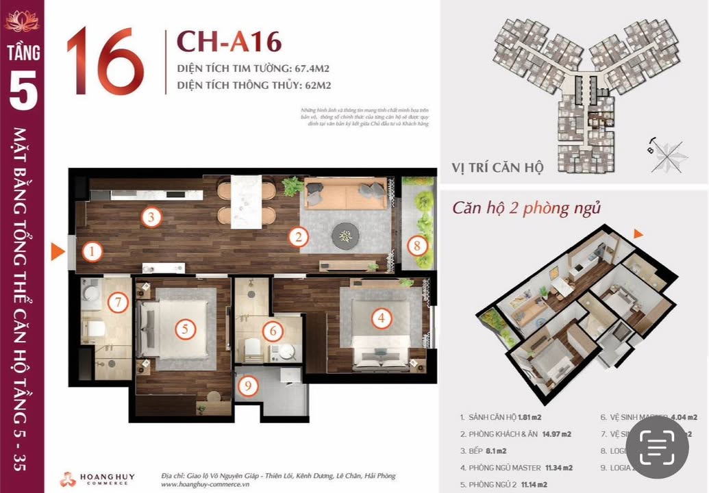 Căn hộ 2PN 2WC Chung cư Hoàng Huy Commerce 68m² giá 2.4 tỷ - Thiết kế hiện đại, view bể bơi