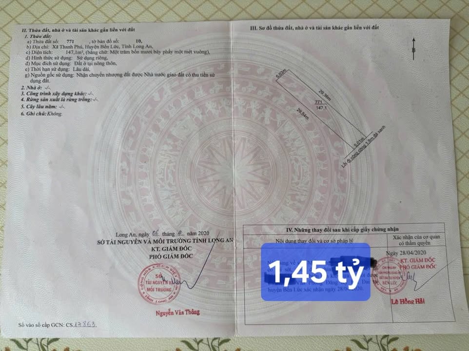 Đất nền chính chủ xã Thanh Phú, Bến Lức 147m² giá 1.45 tỷ - Đầu tư sinh lời ngay!