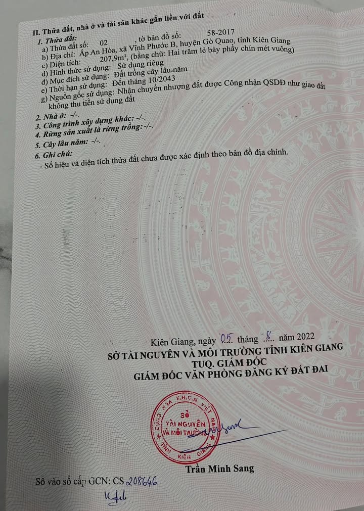 Đất nền Gò Quao, Kiên Giang 207m² giá 180 triệu - Cơ hội đầu tư hấp dẫn!