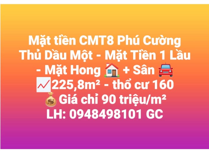 Mặt tiền Cách Mạng Tháng 8 Thủ Dầu Một 225m² giá 20.32 tỷ - Cơ hội đầu tư sinh lời!