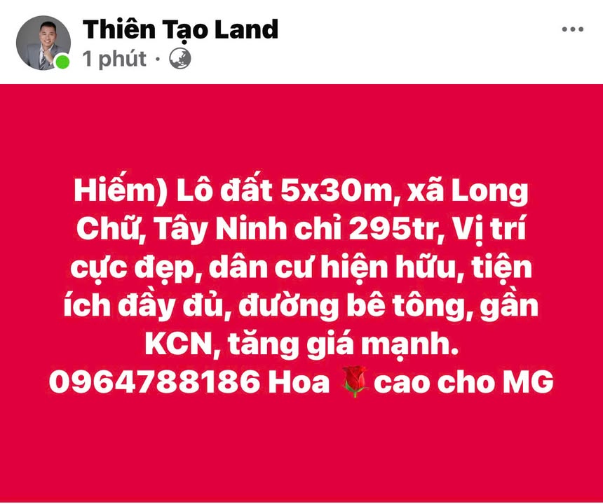 Lô đất 150m² xã Long Chữ Tây Ninh giá 295 triệu - Đầu tư sinh lời ngay!