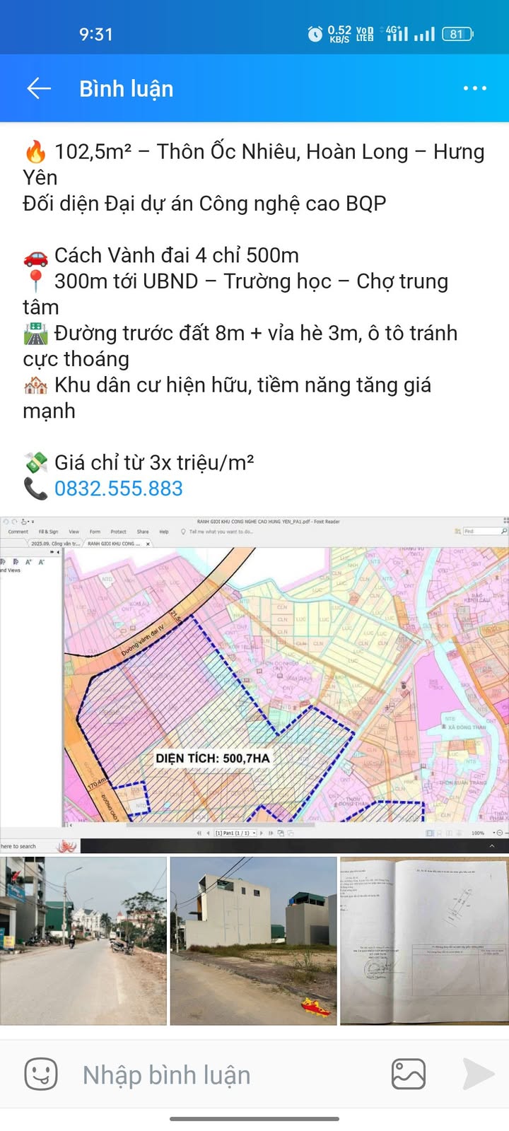 Đất thổ cư thôn Ốc Nhiêu, Hưng Yên 102m² - Đối diện dự án công nghệ cao, giá tốt!