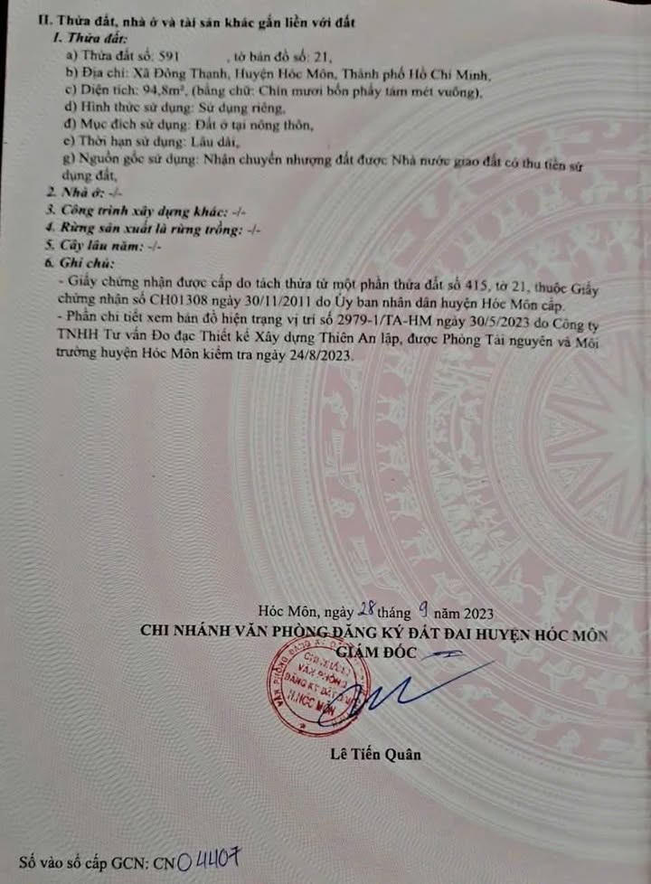 Đất thổ cư 94m² tại Đông Thạnh, Hóc Môn - Giá 2.8 tỷ, hướng Đông tứ trạch!