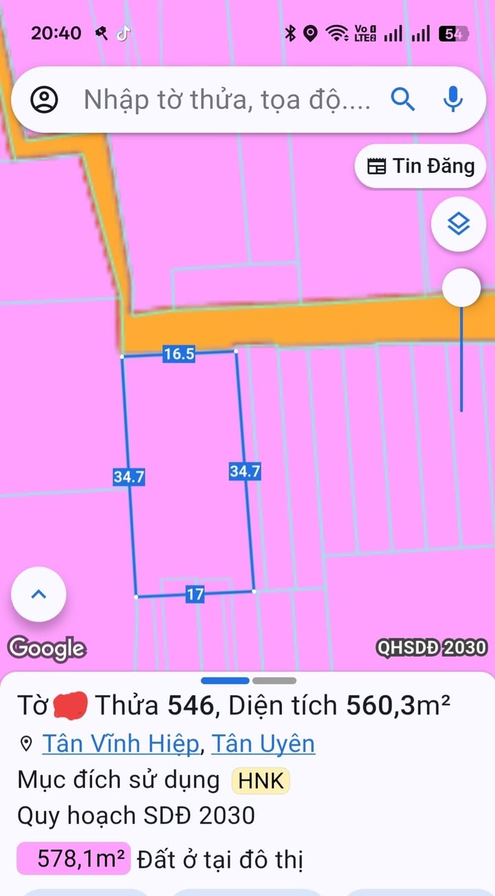 Đất thổ cư tại Tân Vĩnh Hiệp, Tân Uyên 572m² giá 4.8 tỷ - Phù hợp xây trọ!