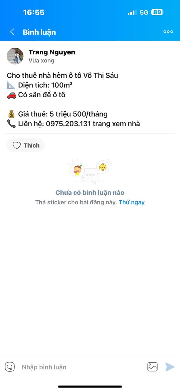 Nhà cho thuê hẻm ô tô Võ Thị Sáu 100m² giá 5.5 triệu - Sẵn sàng vào ở!