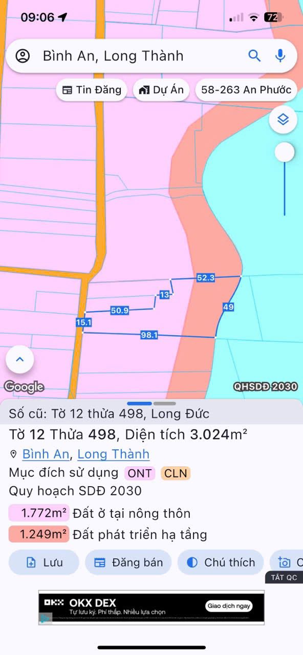 Đất thổ cư 3024m² tại Long Đức, Bình An - Giá 6 tỷ, view hồ sinh thái!