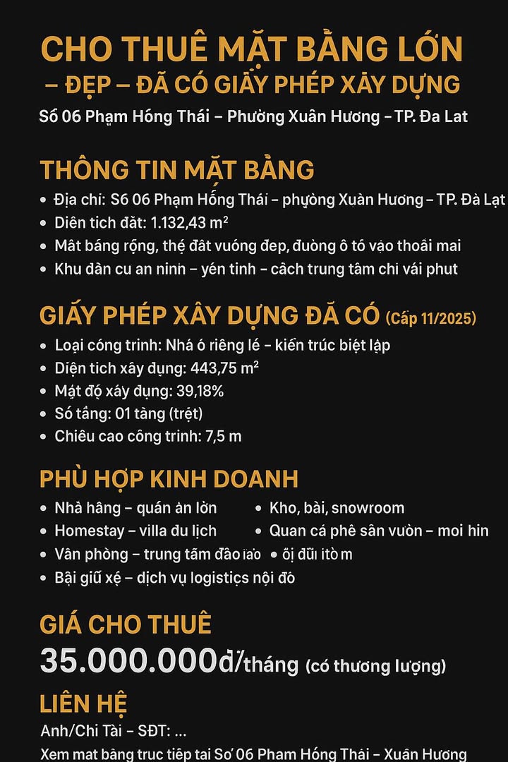 Cho thuê mặt bằng lớn tại Đà Lạt 1132m² giá 35 triệu - Phù hợp mọi mô hình kinh doanh!