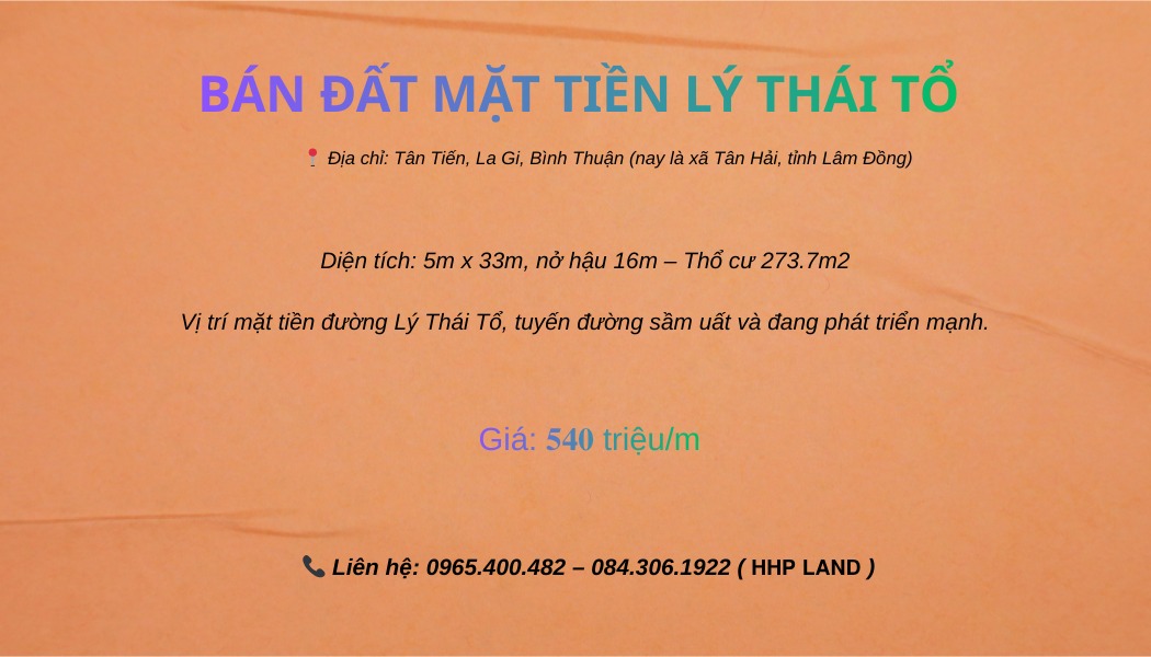 Đất mặt tiền đường Lý Thái Tổ, La Gi 273m² giá 16.5 tỷ - Tiềm năng kinh doanh vượt trội!
