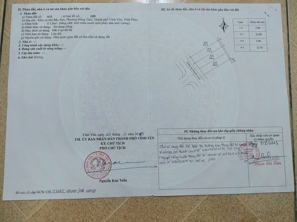 Đất nền TDP Bắc Sơn, Đồng Tâm, Vĩnh Yên 111.8m² giá 2 tỷ - Sổ đỏ chính chủ