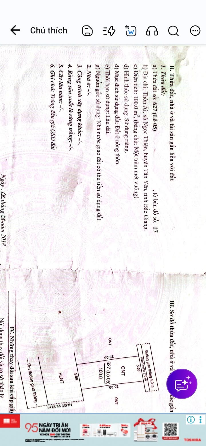 Đất đấu giá thôn Ải, Ngọc Thiện, Tân Yên 100m² giá 2 tỷ - Cơ hội đầu tư sinh lời!