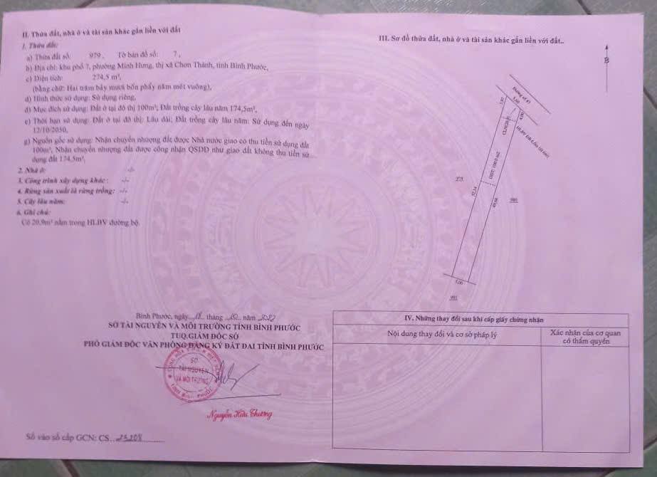 Đất nền khu phố 7, phường Minh Hưng, 274m² - Mặt tiền 12m, sổ đỏ chính chủ!