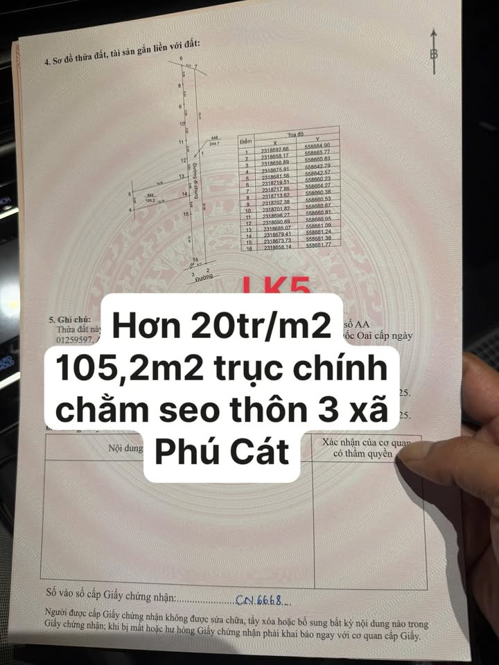 Đất thổ cư 105m² tại Thôn 3, xã Phú Cát - Giá chỉ 2.1 tỷ, view hồ tuyệt đẹp!