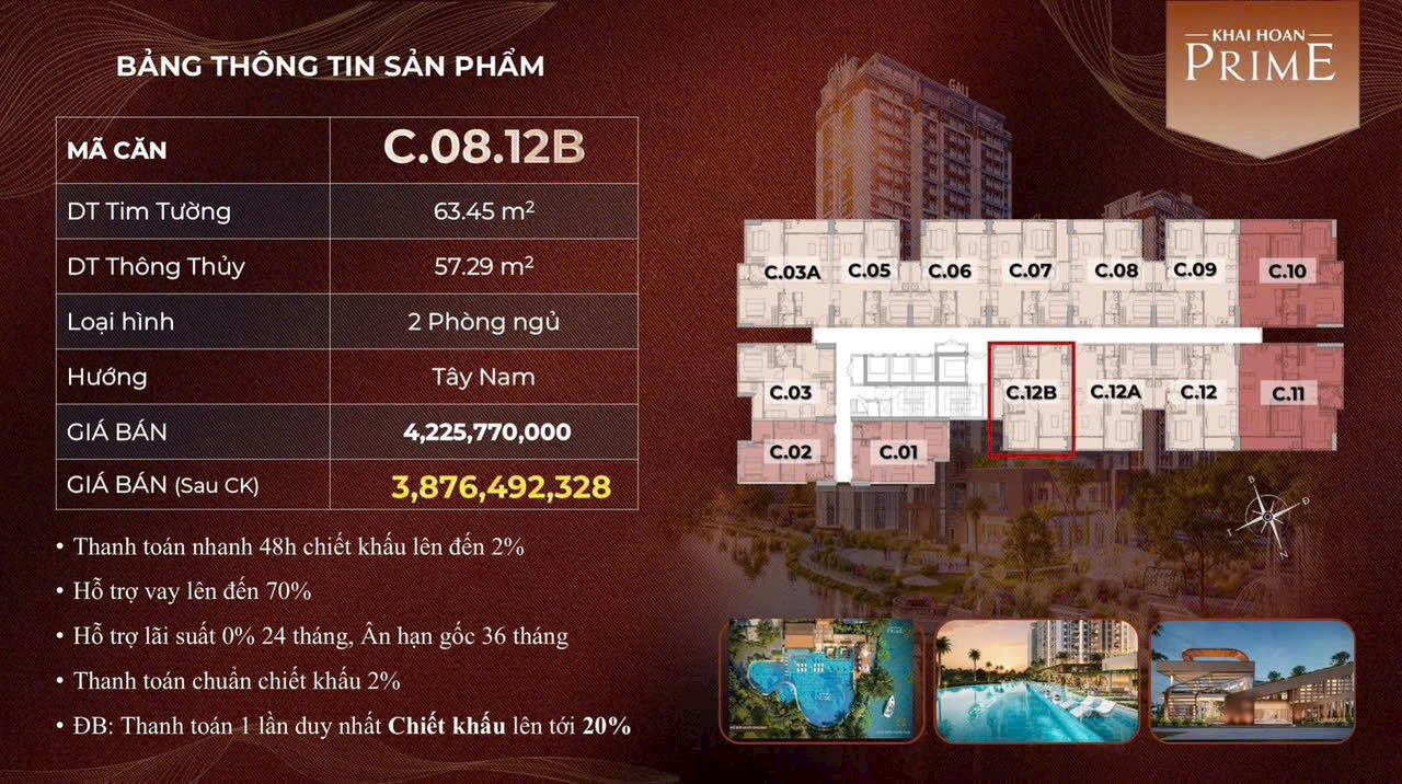 Căn hộ Khải Hoàn Prime Nhà Bè 63,45m² giá 3,876 tỷ - View hồ bơi tuyệt đẹp!