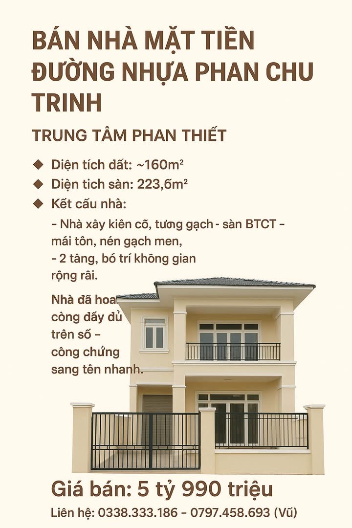 Nhà mặt tiền đường Phan Chu Trinh, Phan Thiết 160m² giá 5.99 tỷ - Tiện kinh doanh và ở ngay!